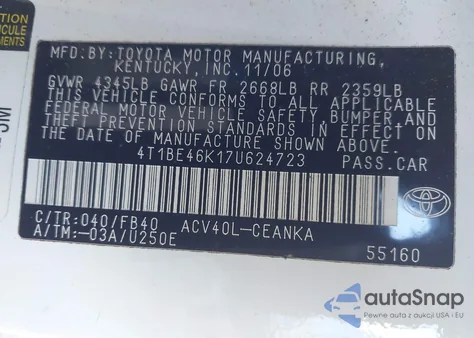 2007 Toyota Camry Le из США, поврежденный, VIN 4T1BE46K17U624723